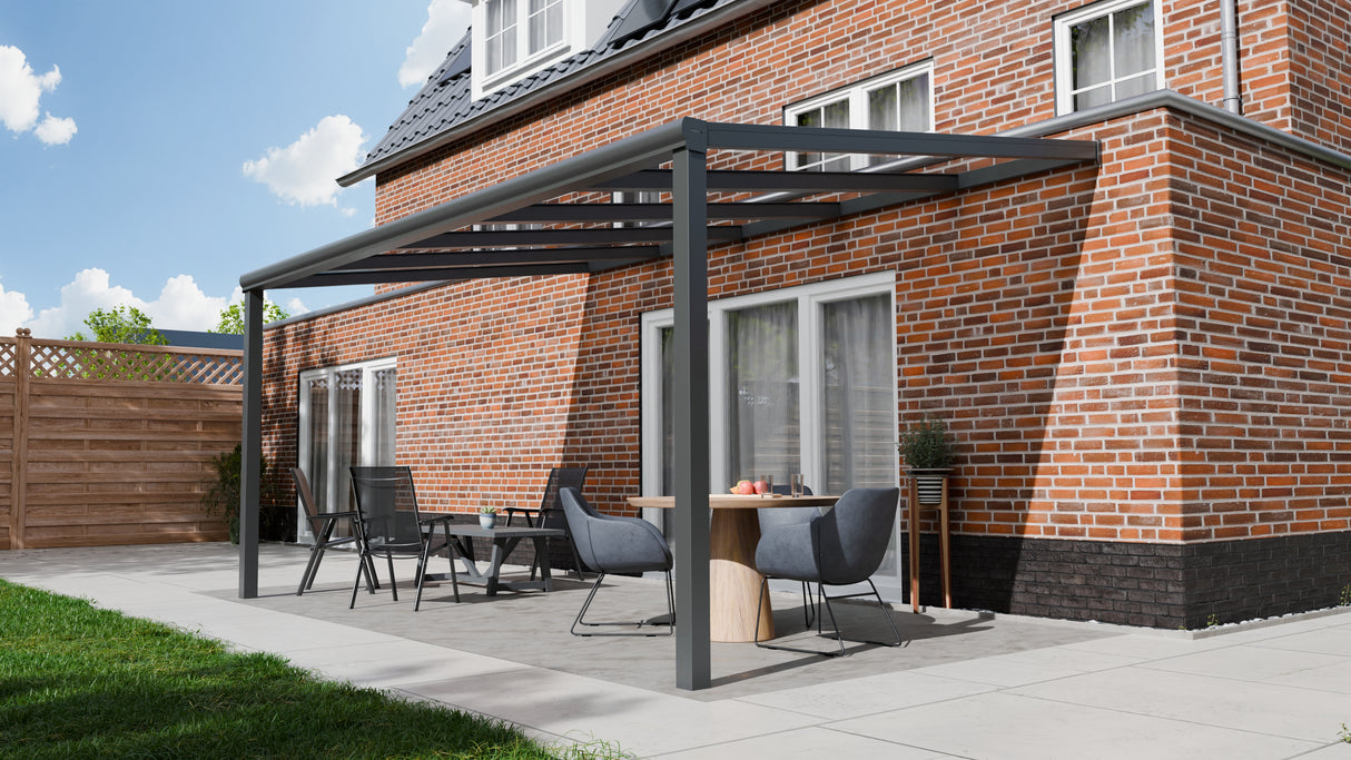 Terrasoverkapping 5,06 x 3,5m - Kleur: Antraciet (Ral 7014) - Daktype: Helder Glas
