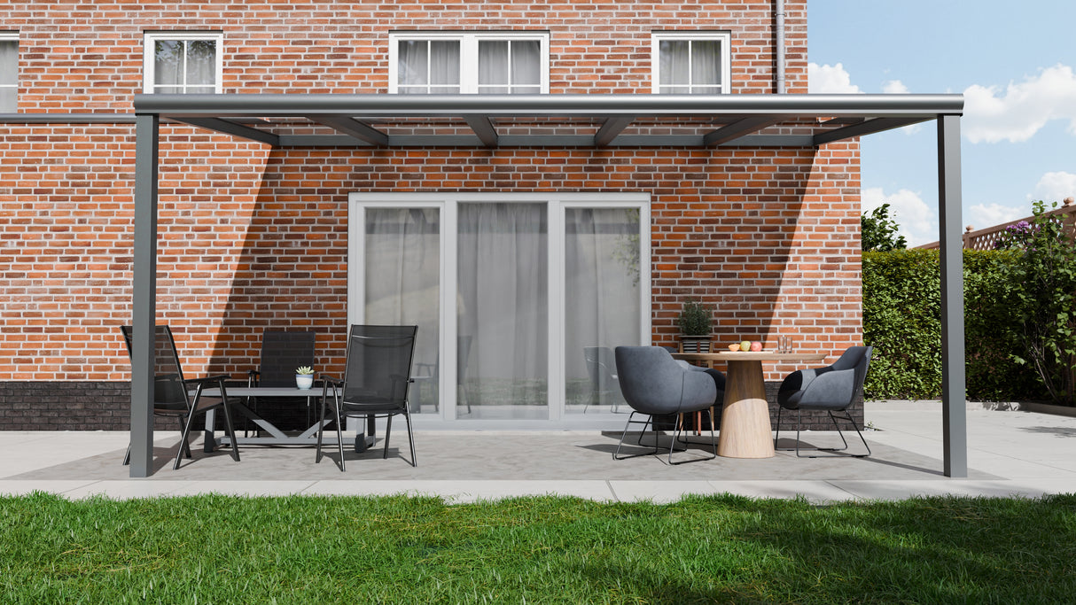 Terrasoverkapping 5,06 x 3,5m - Kleur: Antraciet (Ral 7014) - Daktype: Helder Glas