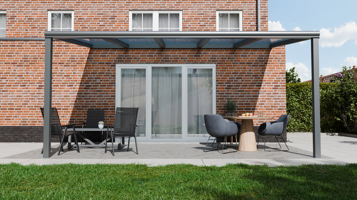 Terrasoverkapping 5,06 x 3,5m - Kleur: Antraciet (Ral 7014) - Daktype: Helder Polycarbonaat